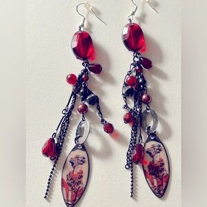 NWOT earrings Artisan Copper Enameled Boho Lady in Head wrap, red & black 5”